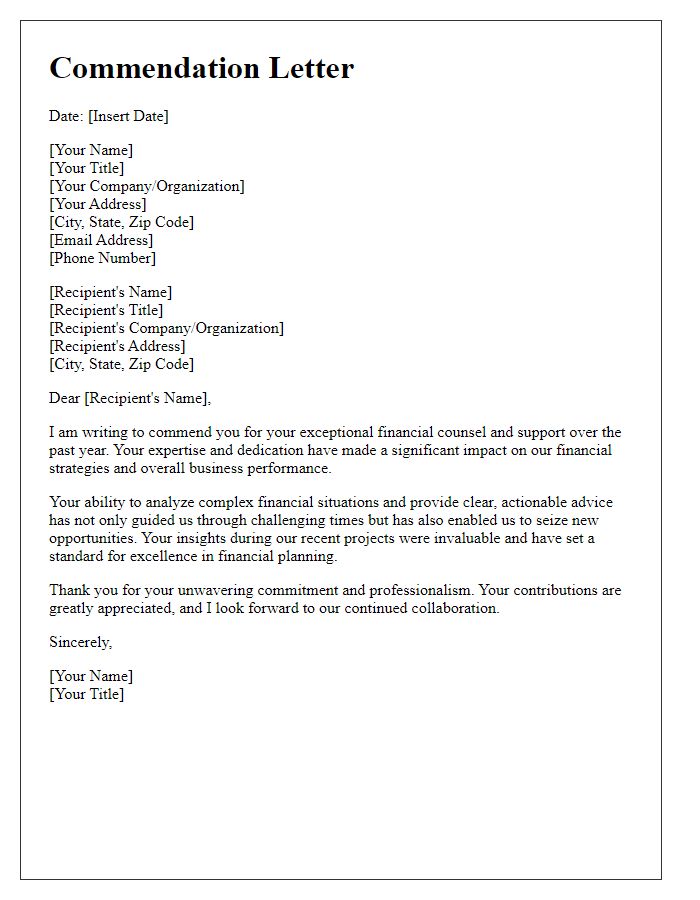 Letter template of commendation for exceptional financial counsel