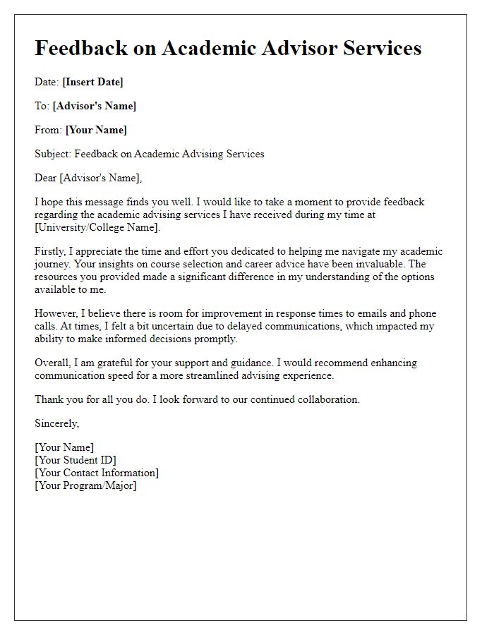 Letter template of feedback for academic advisor services