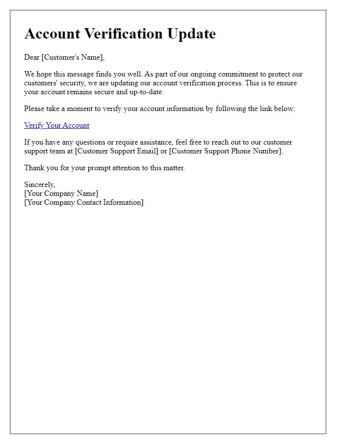Letter template of account verification update for existing customers.