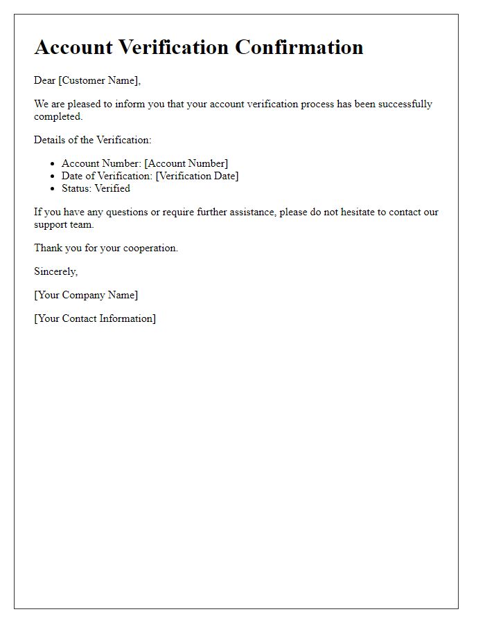 Letter template of confirmation on customer account verification procedures.