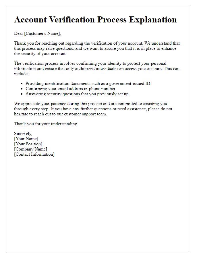 Letter template of explanation for customer account verification process.