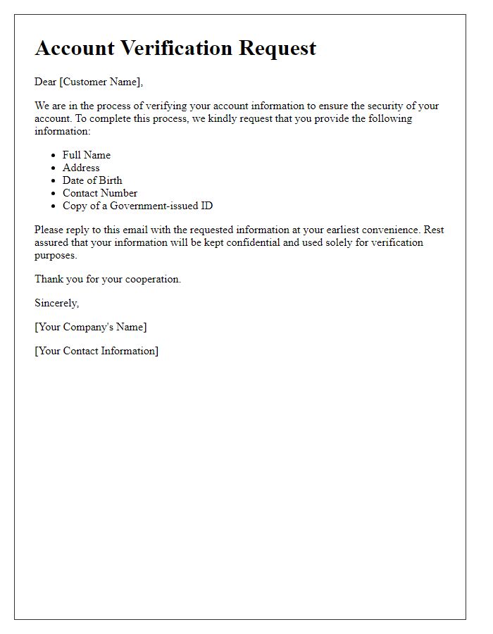 Letter template of information needed for customer account verification.
