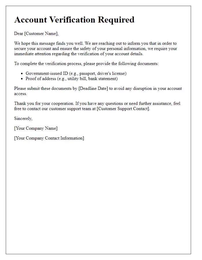 Letter template of notification for customer account verification requirements.