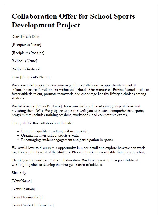 Letter template of a collaboration offer for a school sports development project.