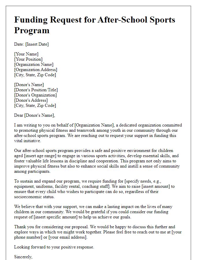 Letter template of a funding request for an after-school sports program.