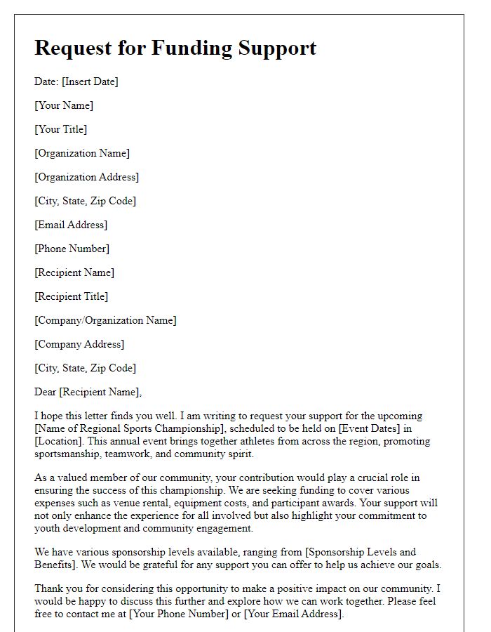 Letter template of a funding solicitation for a regional sports championship.