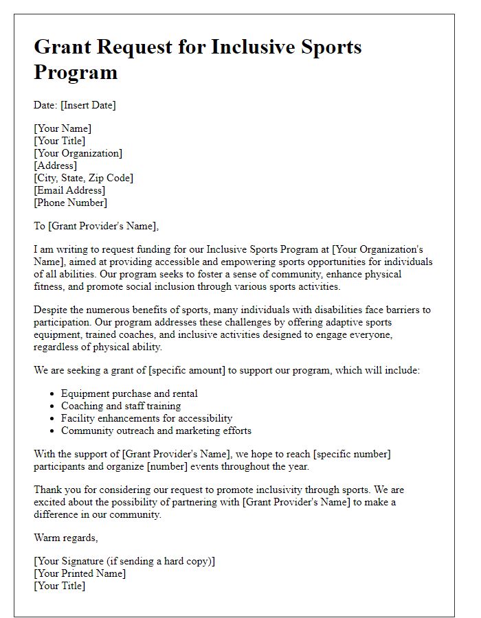 Letter template of a grant request for an inclusive sports program.