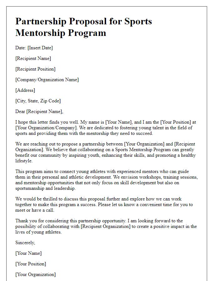 Letter template of a partnership proposal for a sports mentorship program.