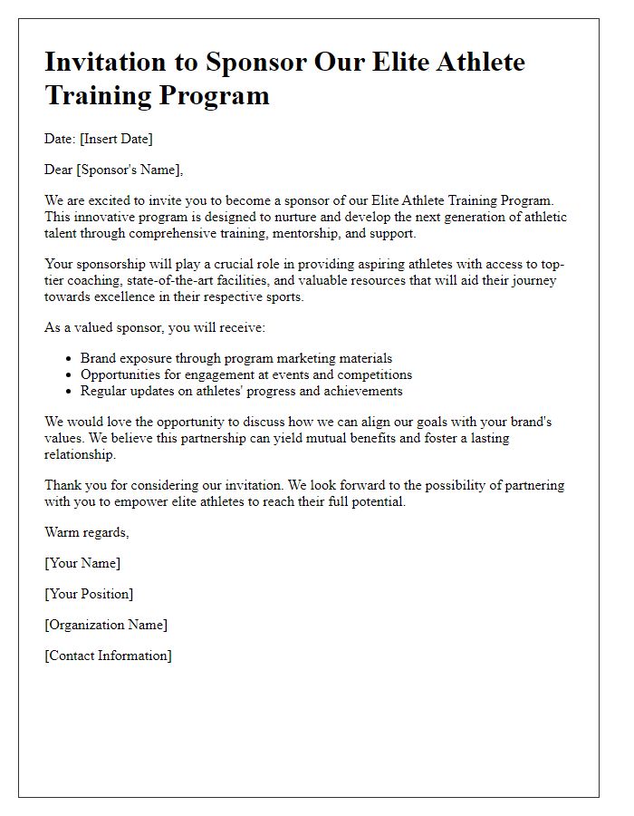 Letter template of a sponsorship invitation for an elite athlete training program.