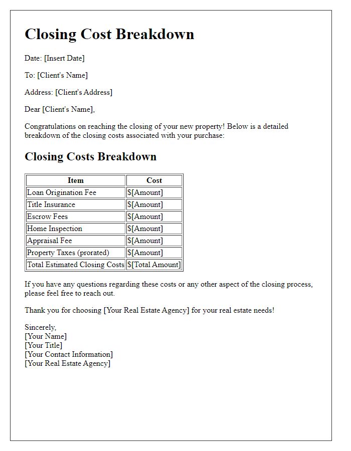 Letter template of realtor closing cost breakdown.