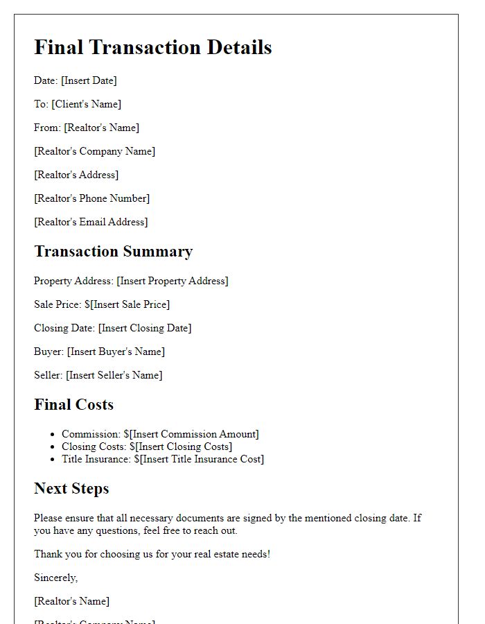 Letter template of realtor final transaction details.