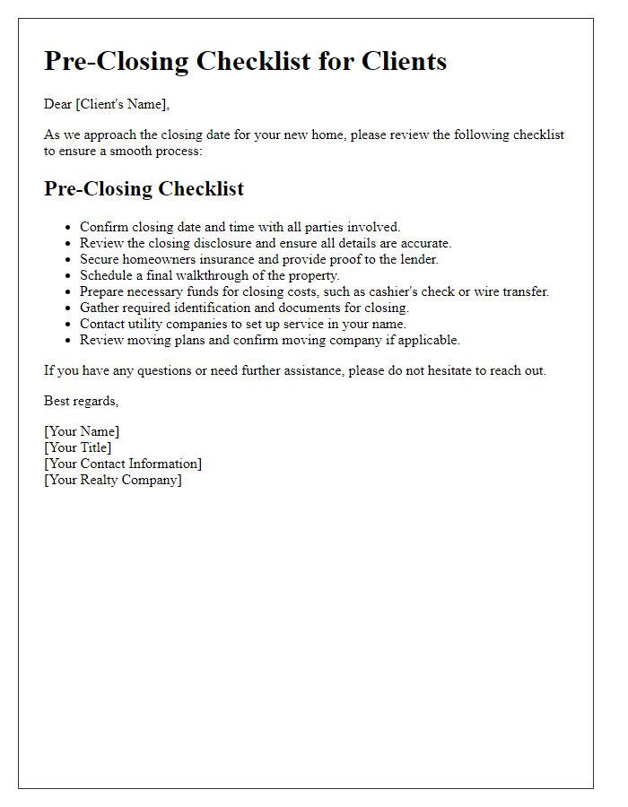 Letter template of realtor pre-closing checklist for clients.