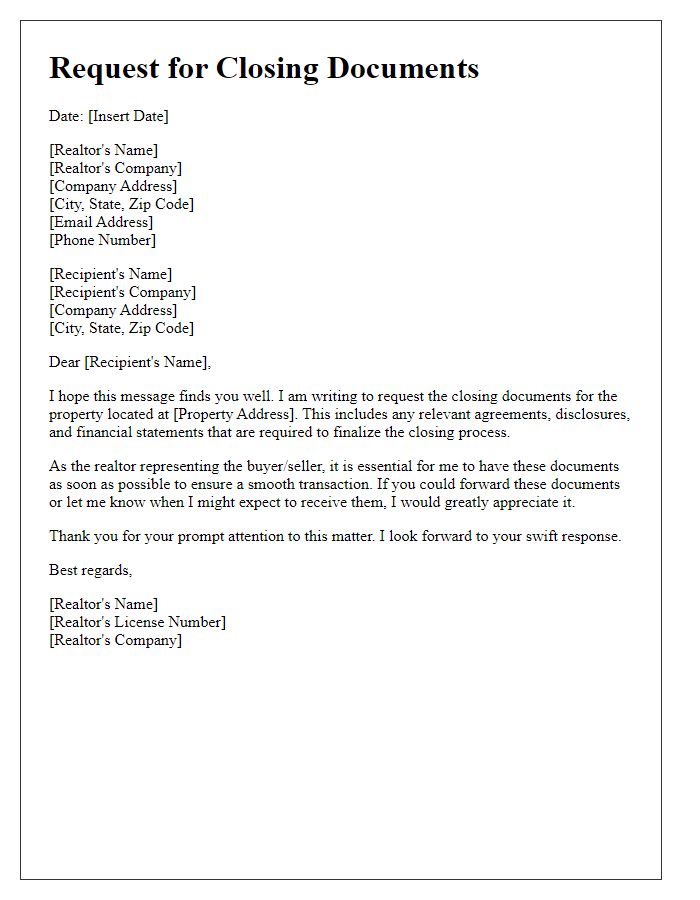 Letter template of realtor request for closing documents.