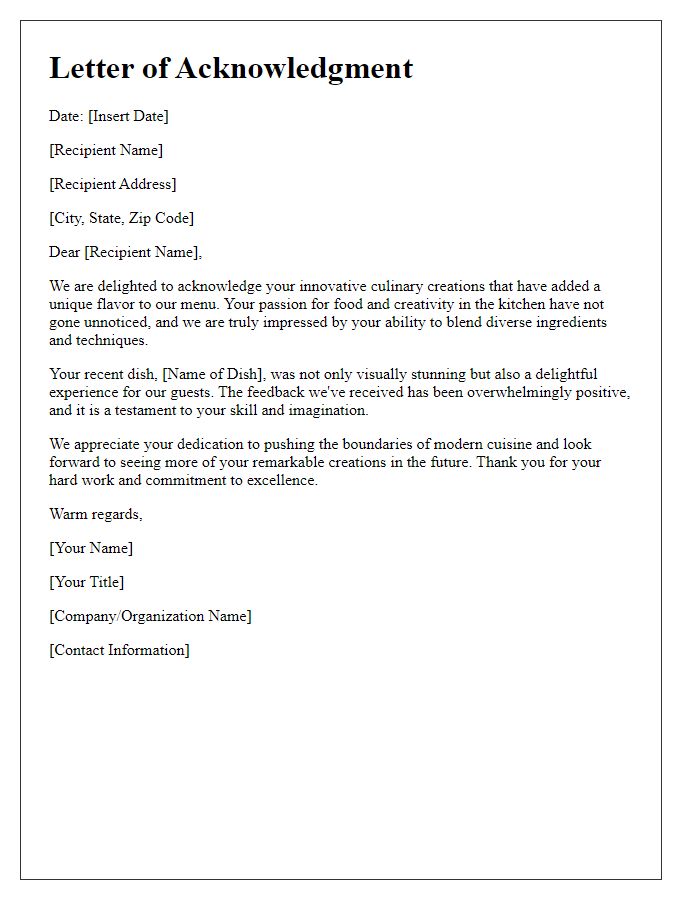 Letter template of acknowledgment for innovative chef creations