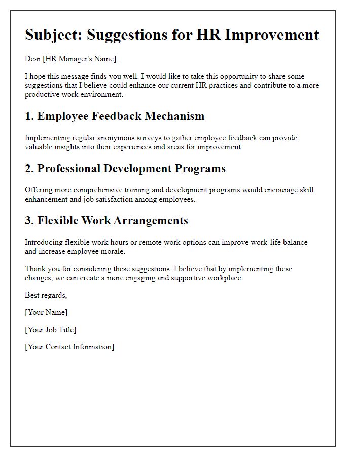 Letter template of suggestion for HR improvement