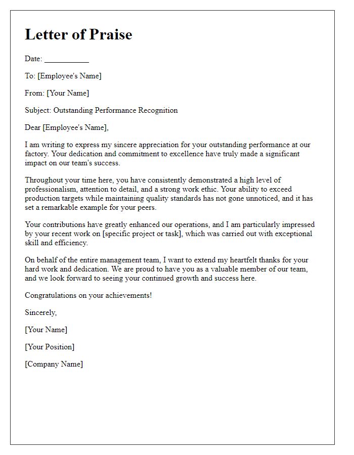 Letter template of praise for outstanding performance in factory work