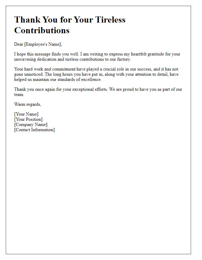 Letter template of thanks for tireless contributions in the factory environment