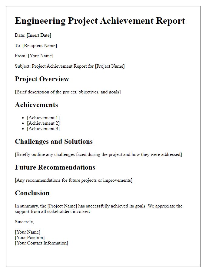 Letter template of engineering project achievement report.