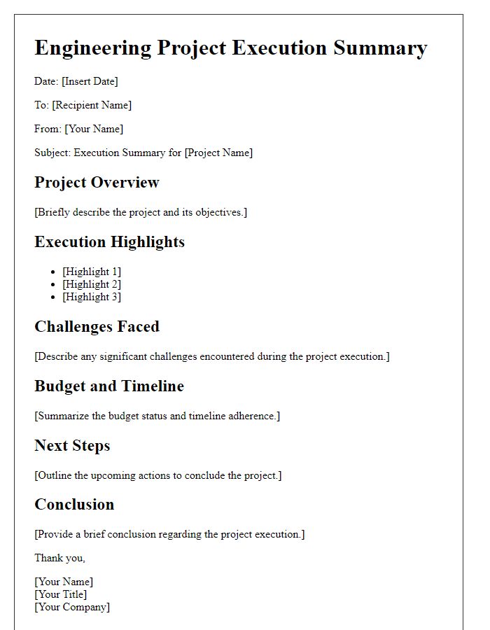 Letter template of engineering project execution summary.