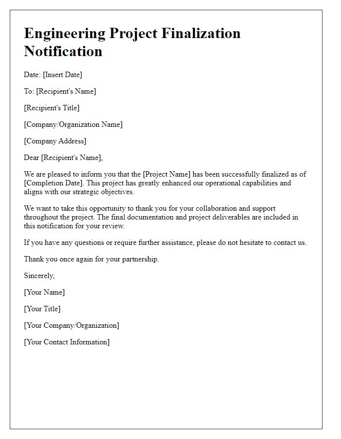 Letter template of engineering project finalization notification.