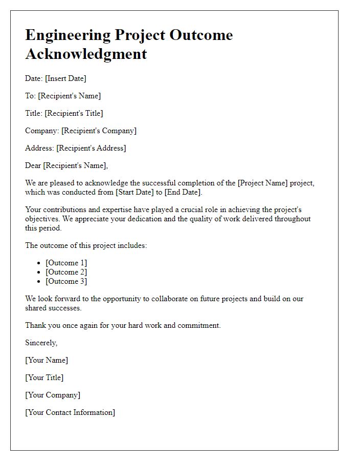 Letter template of engineering project outcome acknowledgment.