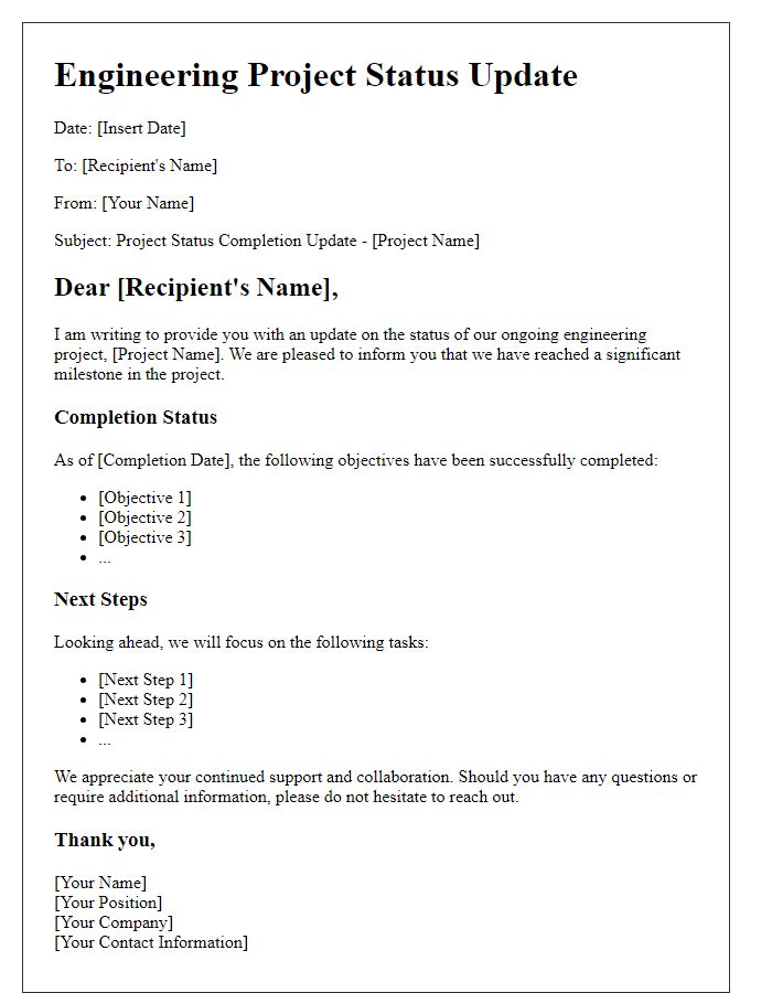 Letter template of engineering project status completion update.