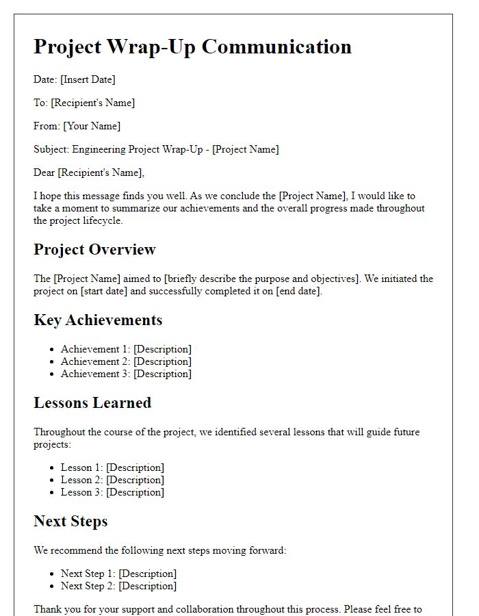 Letter template of engineering project wrap-up communication.