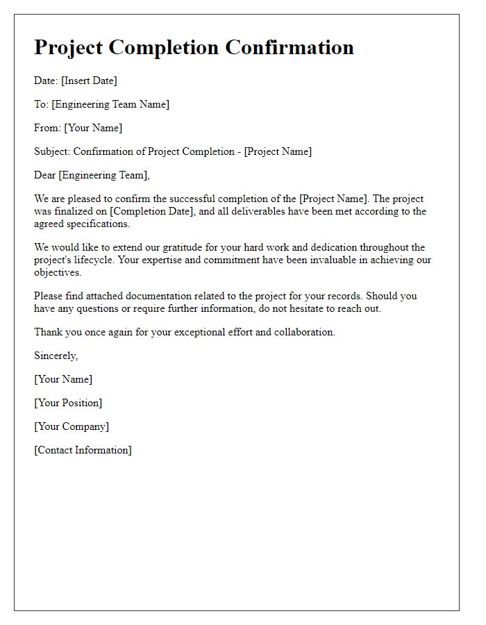 Letter template of project completion confirmation for engineering teams.