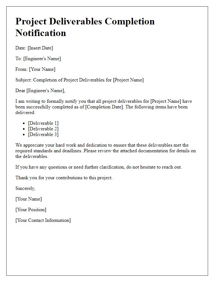 Letter template of project deliverables completion for engineers.