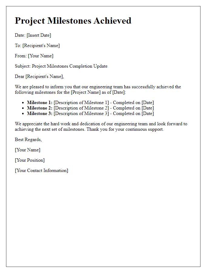 Letter template of project milestones achieved for engineering teams.