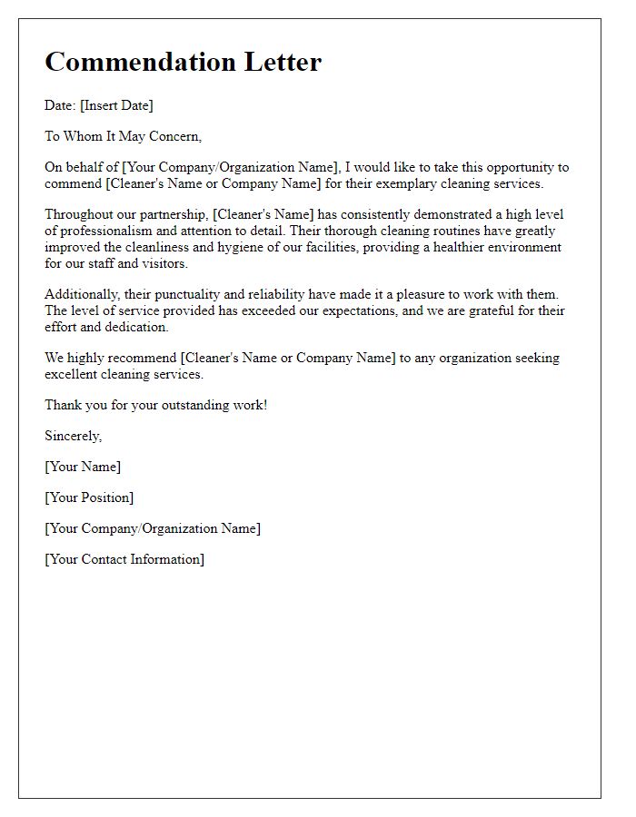 Letter template of commendation for thorough cleaner services.