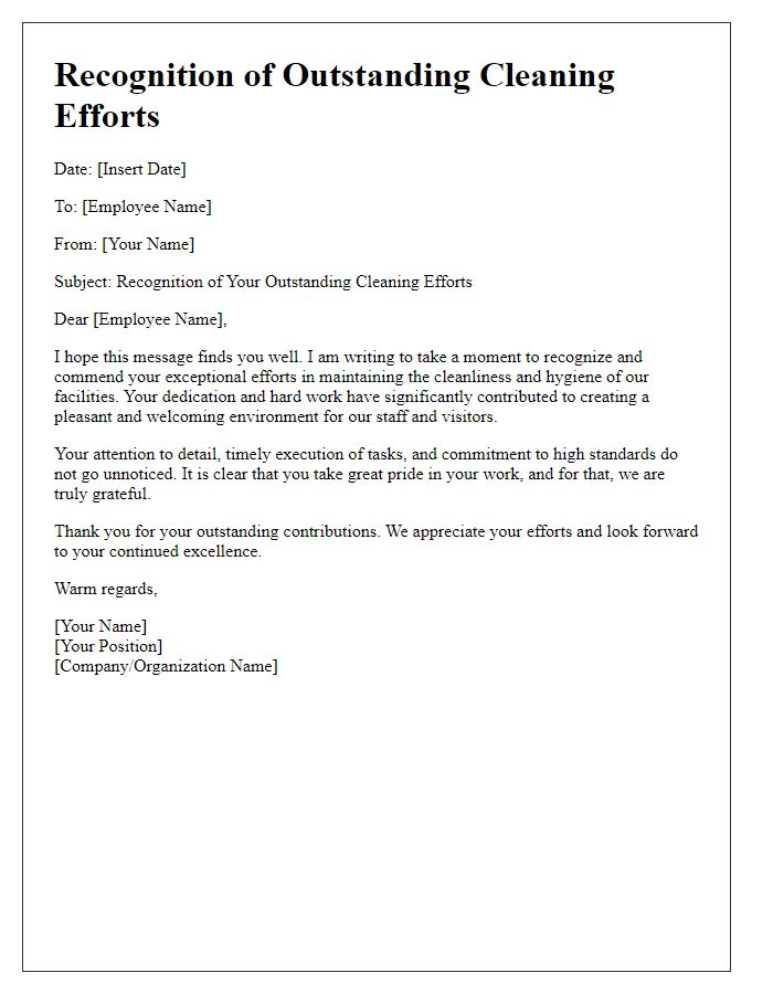 Letter template of recognition for outstanding cleaning efforts.