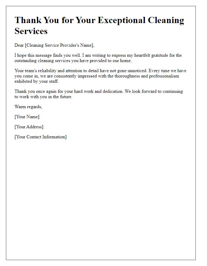 Letter template of thanks for reliable cleaning services.