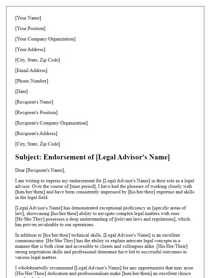 Letter template of endorsement for legal advisors skills