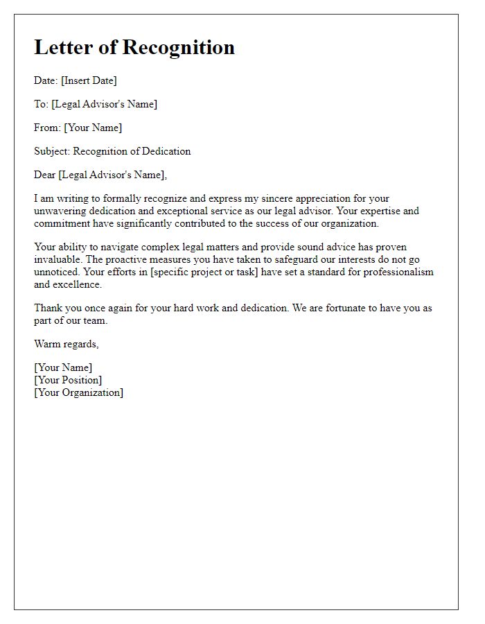 Letter template of recognition for the legal advisors dedication