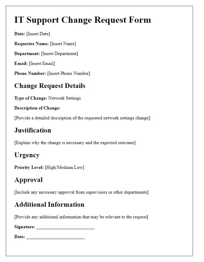 Letter template of IT support change request for network settings