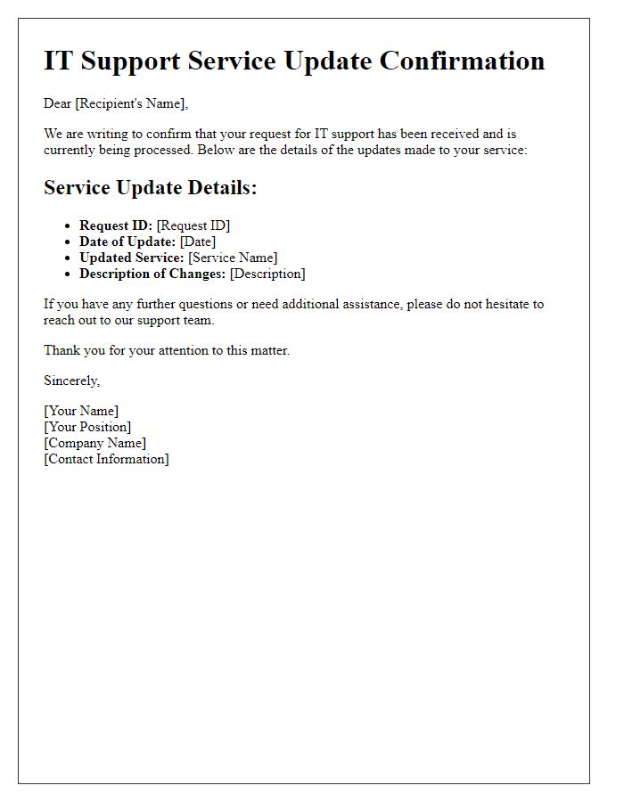 Letter template of IT support confirmation for service updates