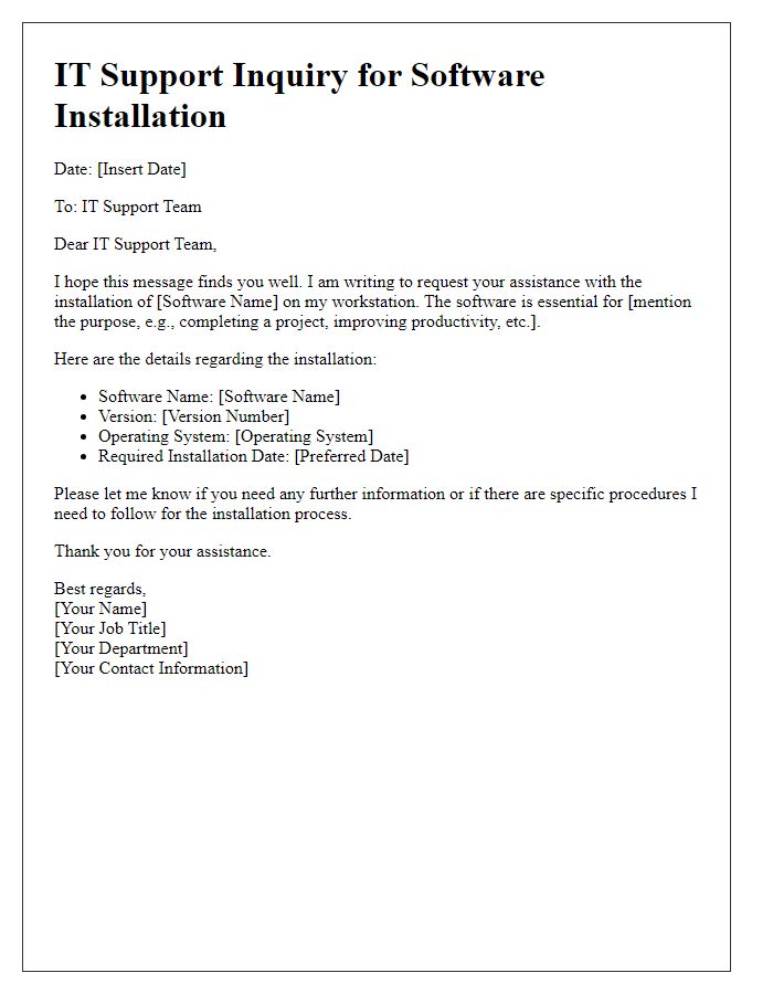 Letter template of IT support inquiry for software installation