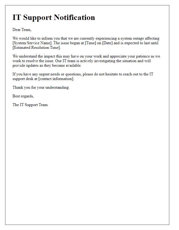 Letter template of IT support notification for system outages