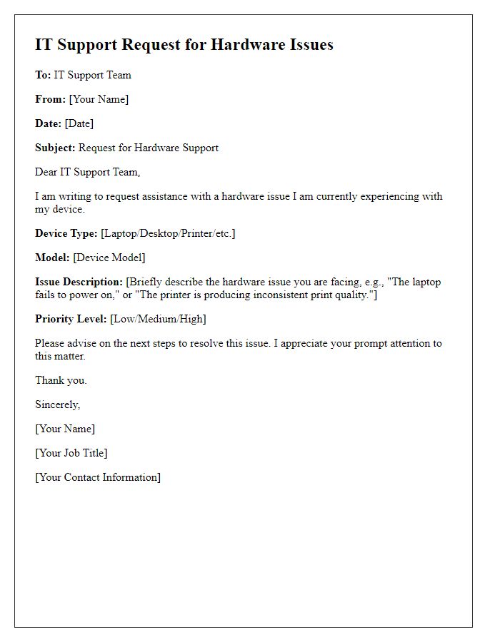 Letter template of IT support request for hardware issues