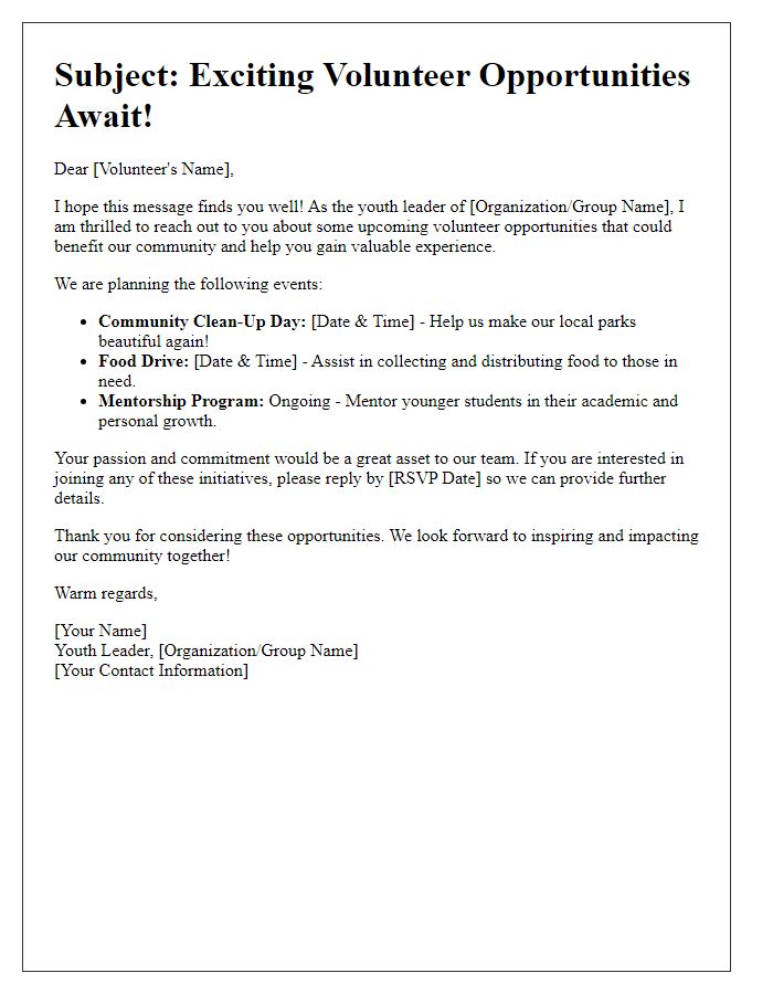 Letter template of youth leader communication for volunteer opportunities