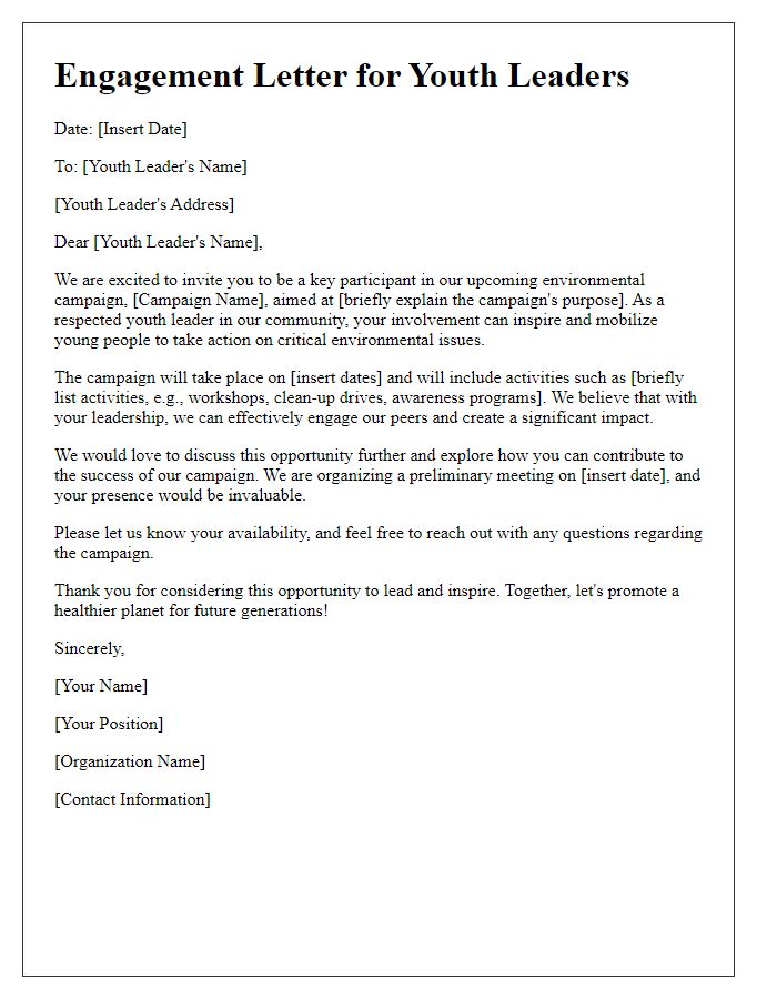 Letter template of youth leader engagement for environmental campaigns