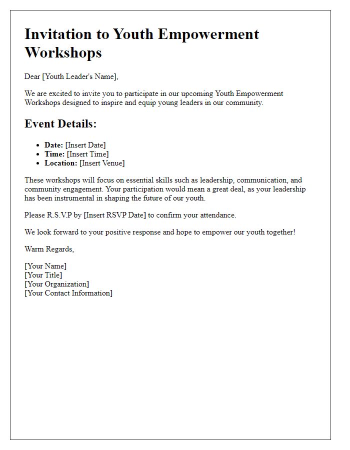 Letter template of youth leader invitation for youth empowerment workshops