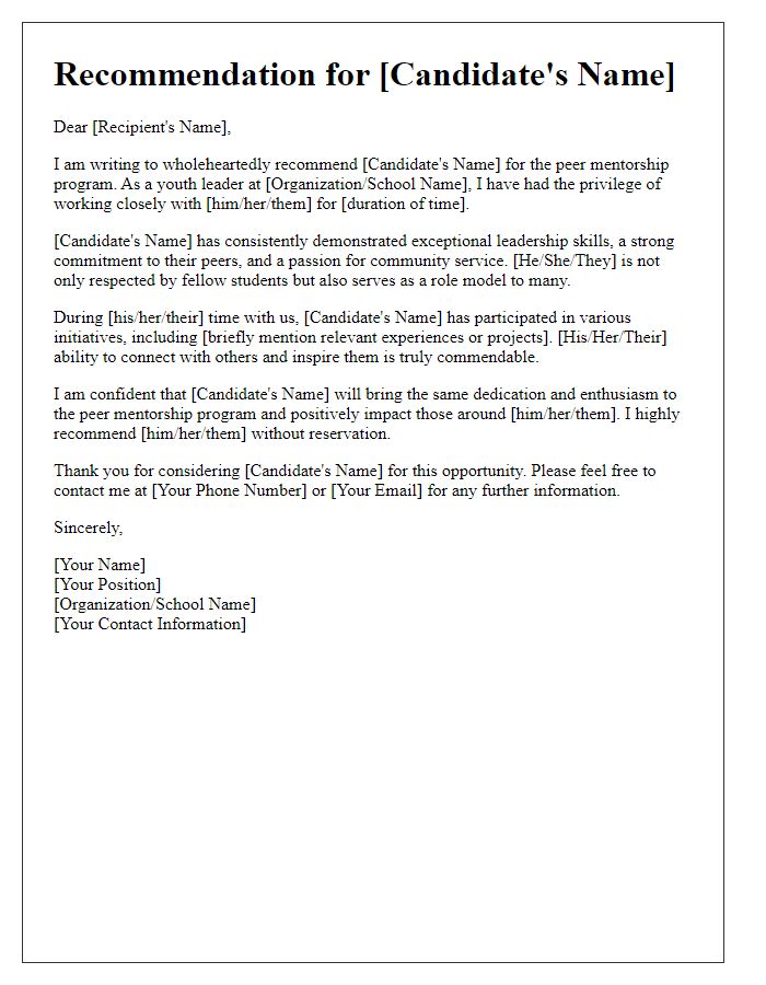 Letter template of youth leader recommendation for peer mentorship programs