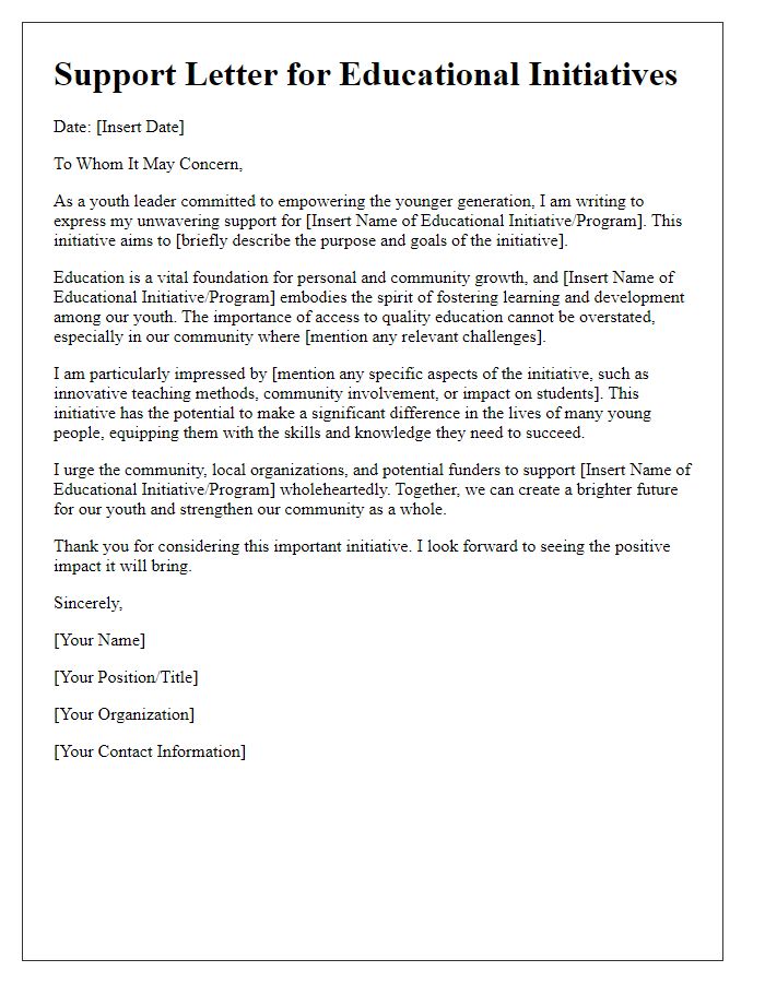 Letter template of youth leader support for educational initiatives