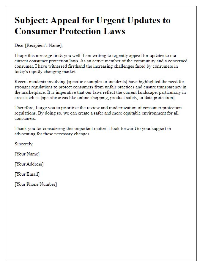 Letter template of appeal for urgent consumer protection law updates