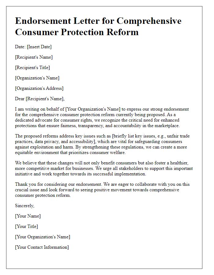 Letter template of endorsement for comprehensive consumer protection reform