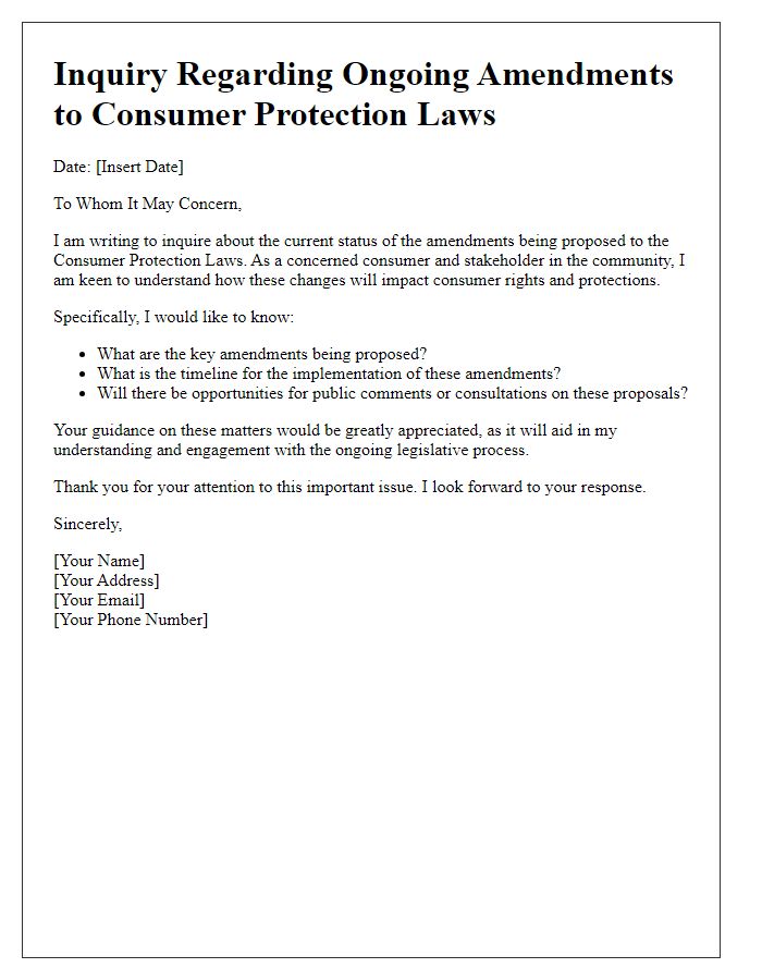 Letter template of inquiry about ongoing consumer protection law amendments