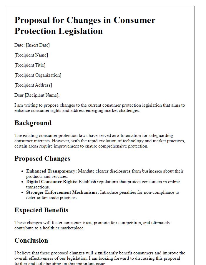 Letter template of proposal for changes in consumer protection legislation