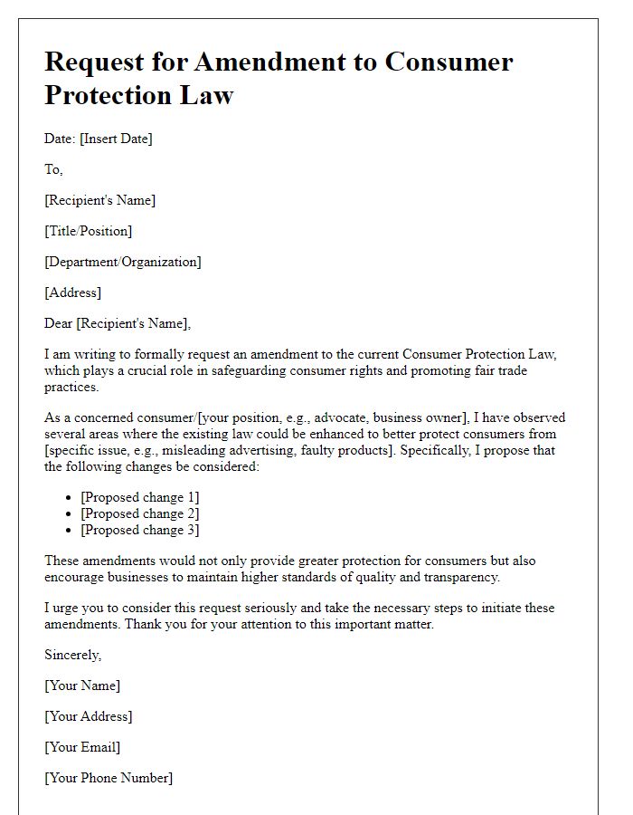 Letter template of request for consumer protection law amendment